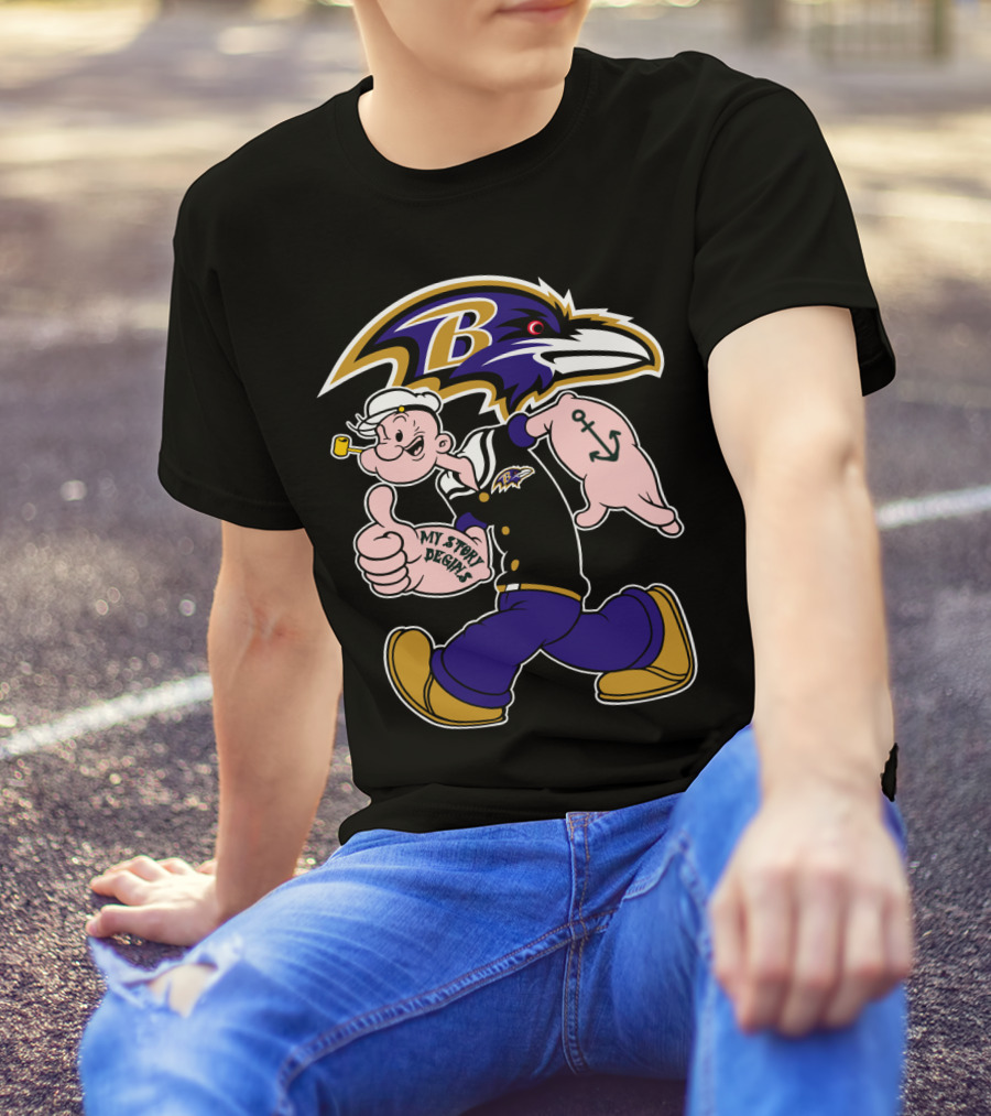 Baltimore Ravens Popeye Cartoon Character Nfl Crossover My Story Begins T-Shirt