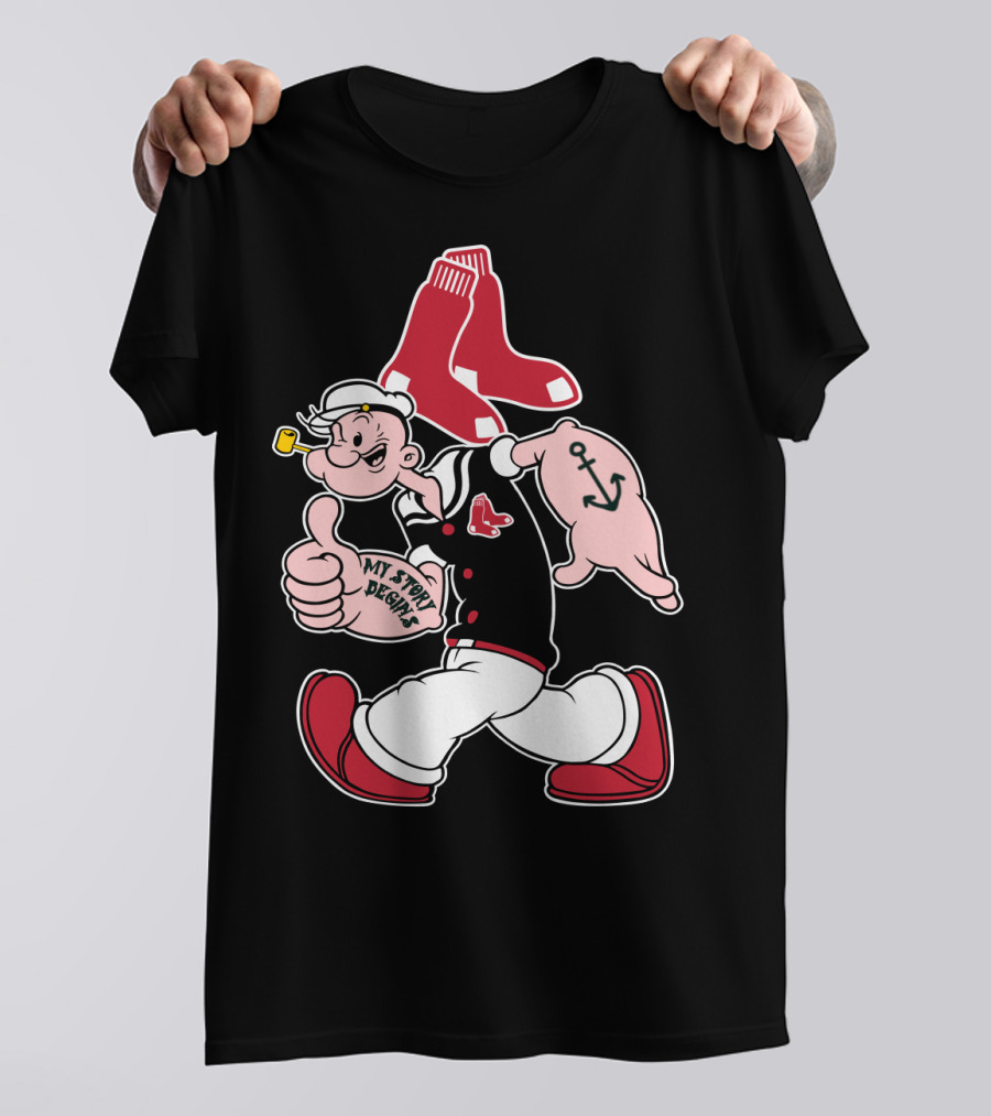 Popeye Thumbs Up Boston Red Sox Double Socks Anchor Tattoo Black T-Shirt