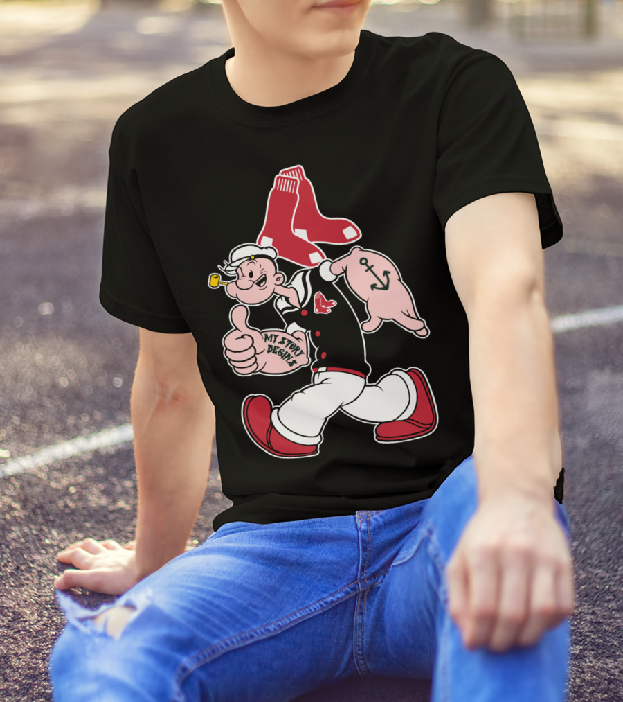 Popeye Thumbs Up Boston Red Sox Double Socks Anchor Tattoo Black T-Shirt