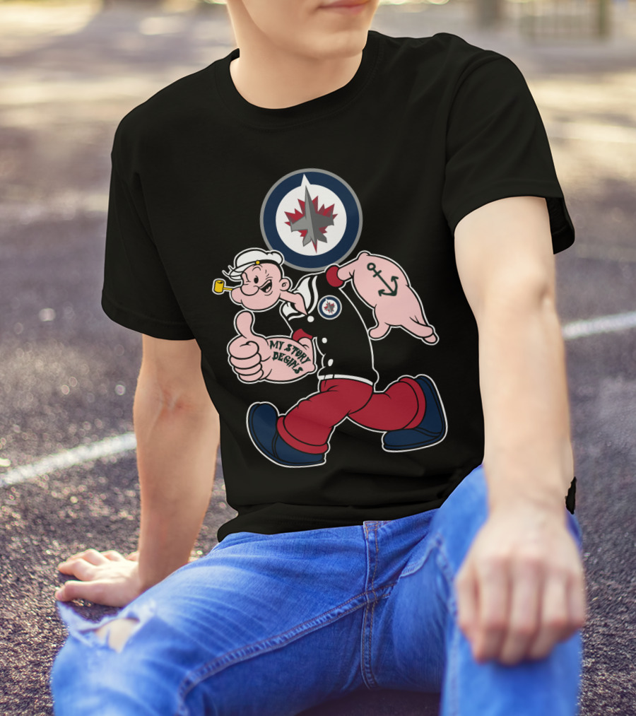 Winnipeg Jets Navy Popeye Walking With Thumbs Up And Anchor Tattoo T-Shirt