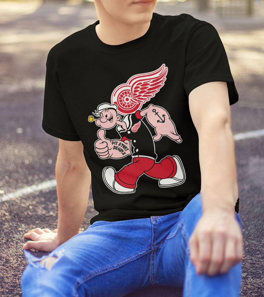 Popeye Detroit Red Wings My Story Begins Anchor 81 T-Shirt