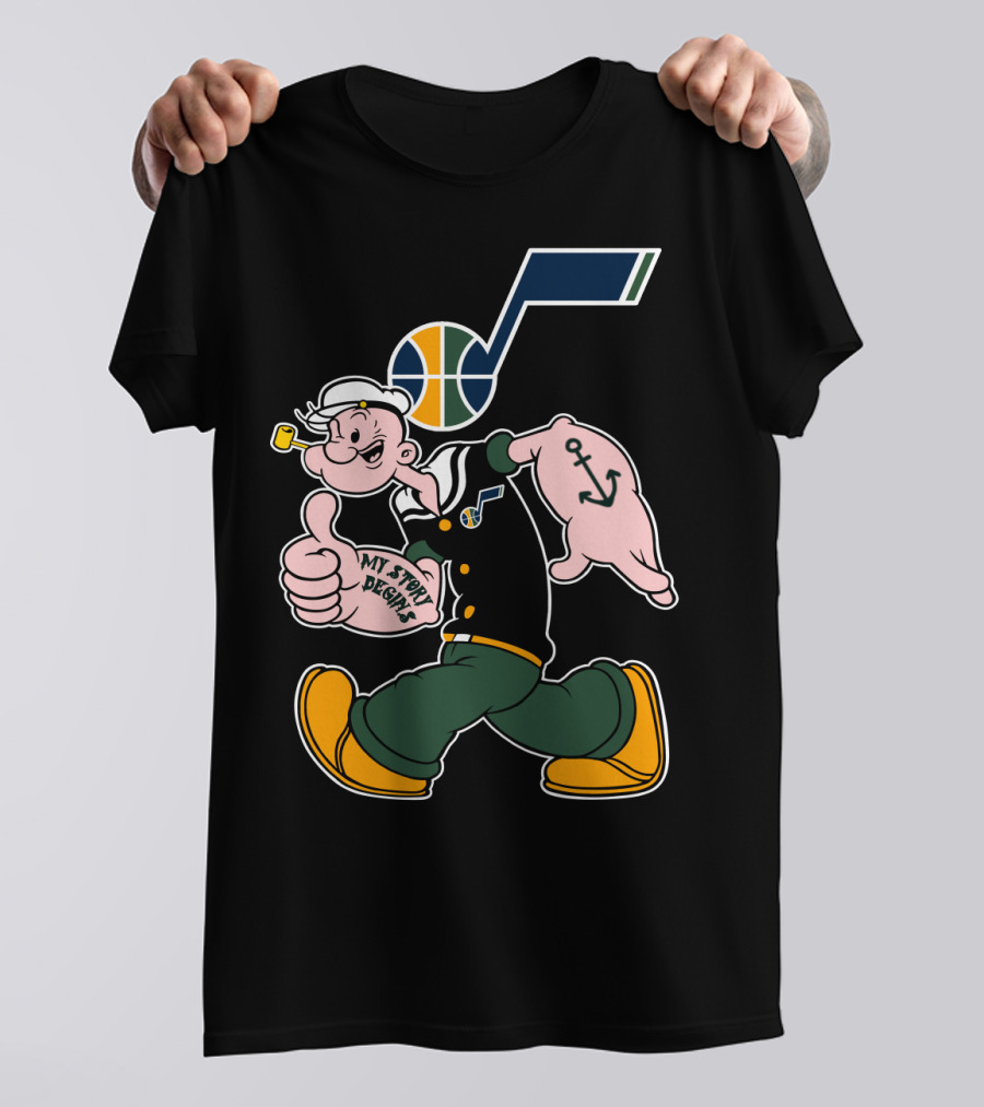 Popeye Walking With Thumb Up And Utah Jazz Basketball T-Shirt
