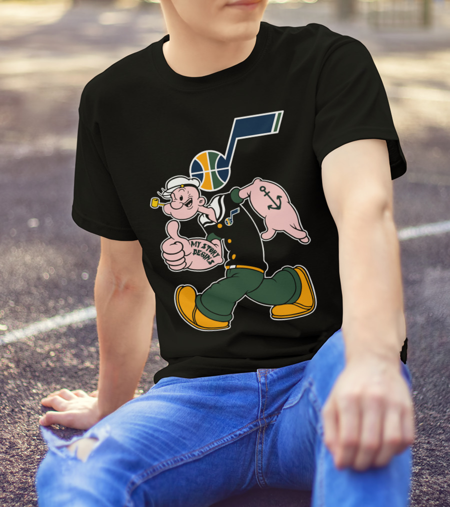 Popeye Walking With Thumb Up And Utah Jazz Basketball T-Shirt