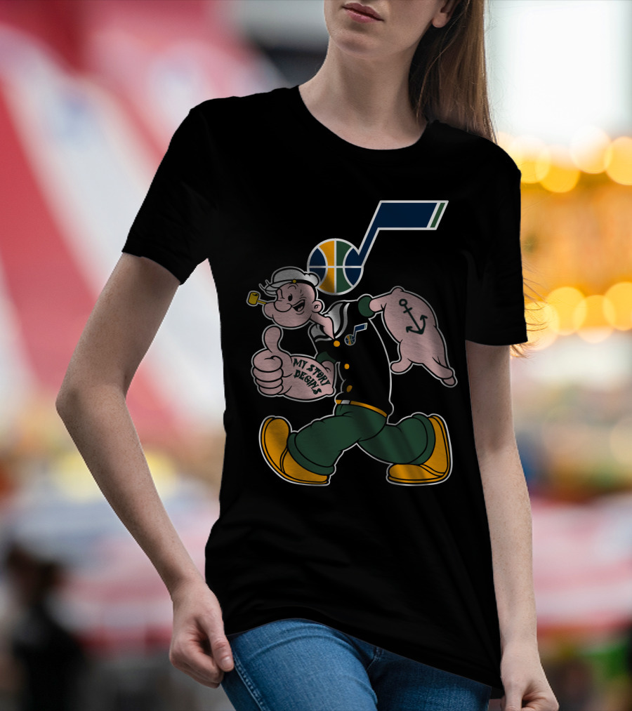 Popeye Walking With Thumb Up And Utah Jazz Basketball T-Shirt