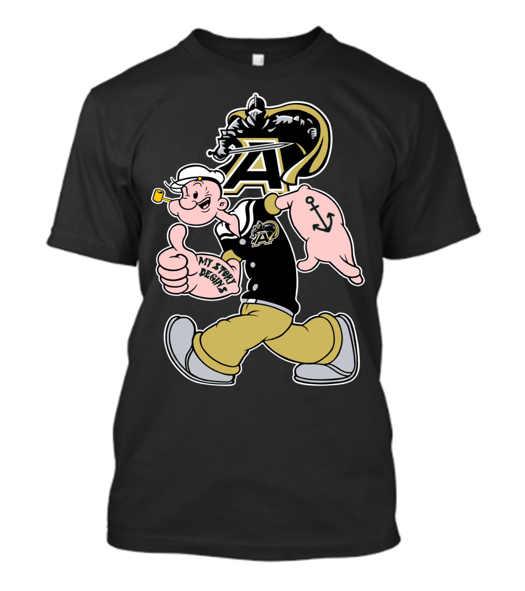 Army Black Knights My Story Begins Popeye Character With Anchor Tattoo T-Shirt
