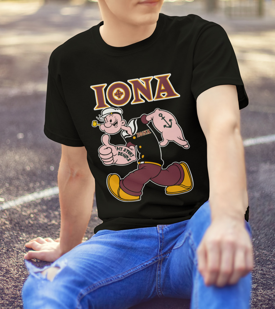 Iona Gaels My Story Begins Sailor Character With Anchor Tattoo T-Shirt