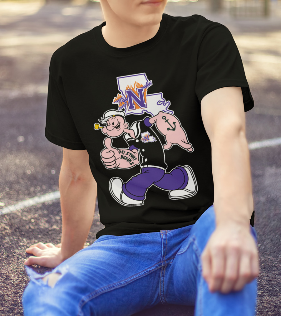 Northwestern State Demons Popeye Graphic With Louisiana State Outline T-Shirt