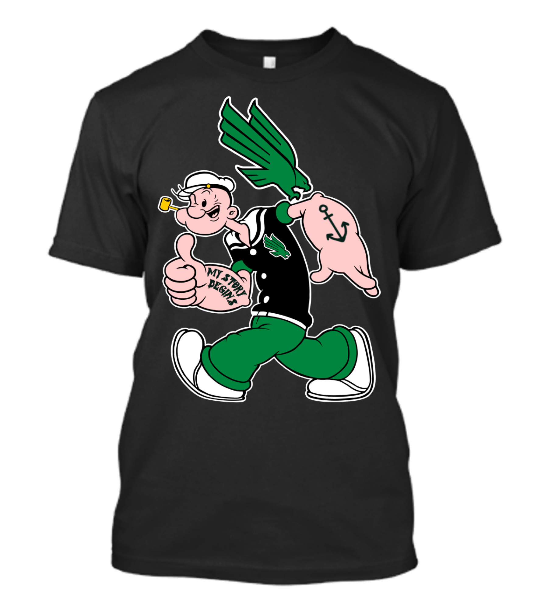 North Texas Mean Green My Story Designs Popeye Sailor Cartoon Anchor Pipe T-Shirt