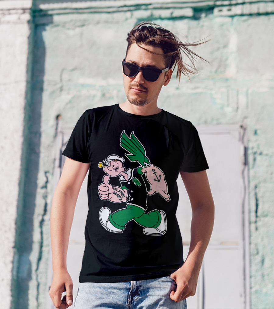 North Texas Mean Green My Story Designs Popeye Sailor Cartoon Anchor Pipe T-Shirt