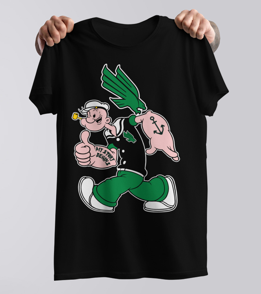 North Texas Mean Green My Story Designs Popeye Sailor Cartoon Anchor Pipe T-Shirt