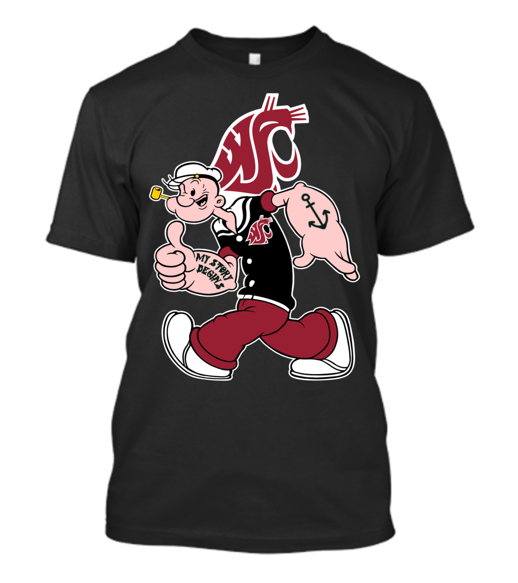My Story Begins Popeye Washington State Cougars Anchor Tattoo T-Shirt