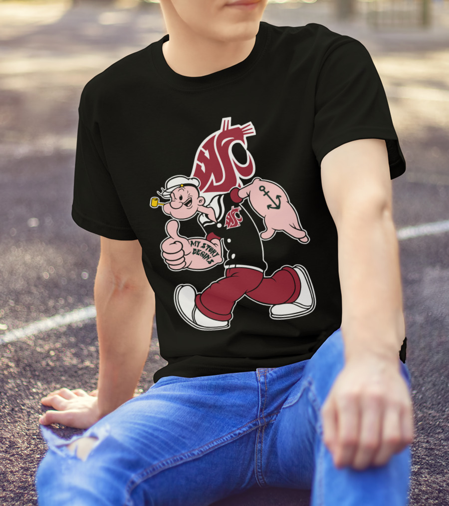 My Story Begins Popeye Washington State Cougars Anchor Tattoo T-Shirt