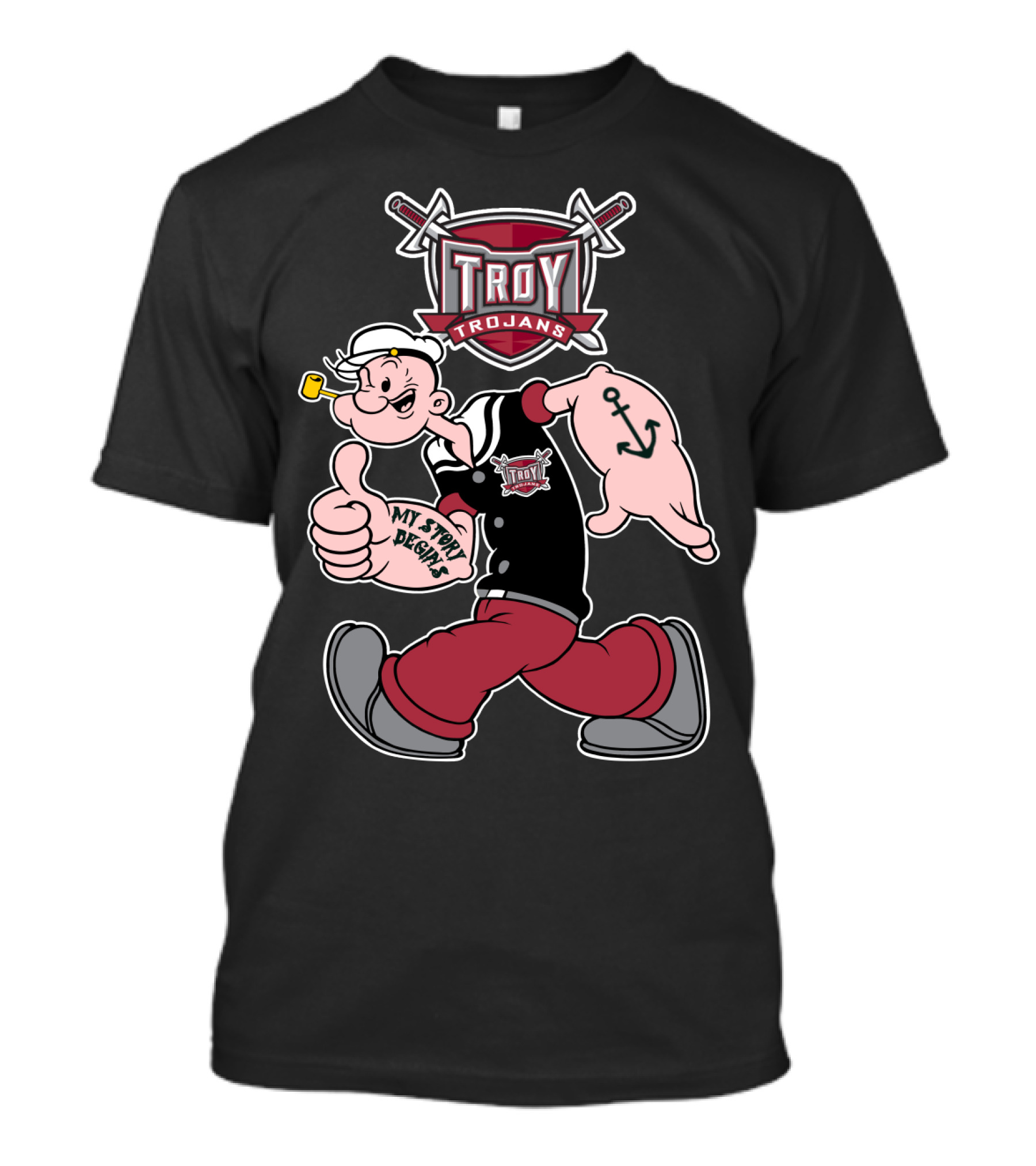 Troy Trojans Popeye My Story Begins Anchor Tattoo T-Shirt