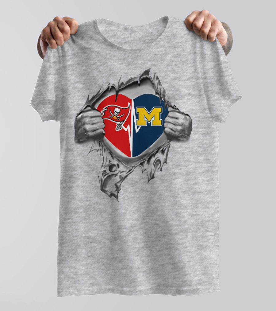 Buccaneers Michigan Wolverines Heart Shaped Logo Mashup Peeking Through Chest T-Shirt