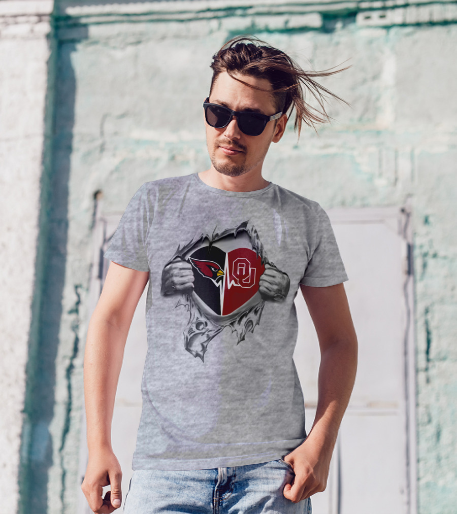 Cardinals Sooners Heart With Split Logo And Tear T-Shirt