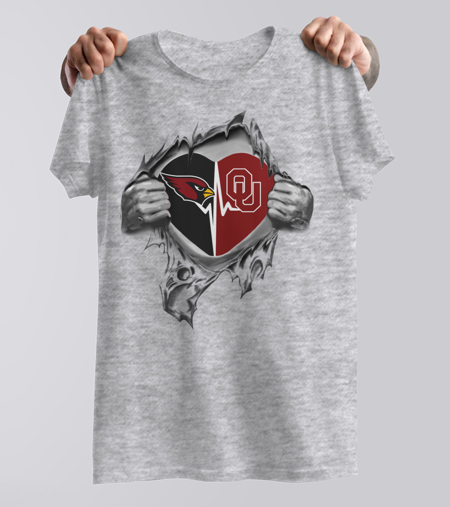 Cardinals Sooners Heart With Split Logo And Tear T-Shirt