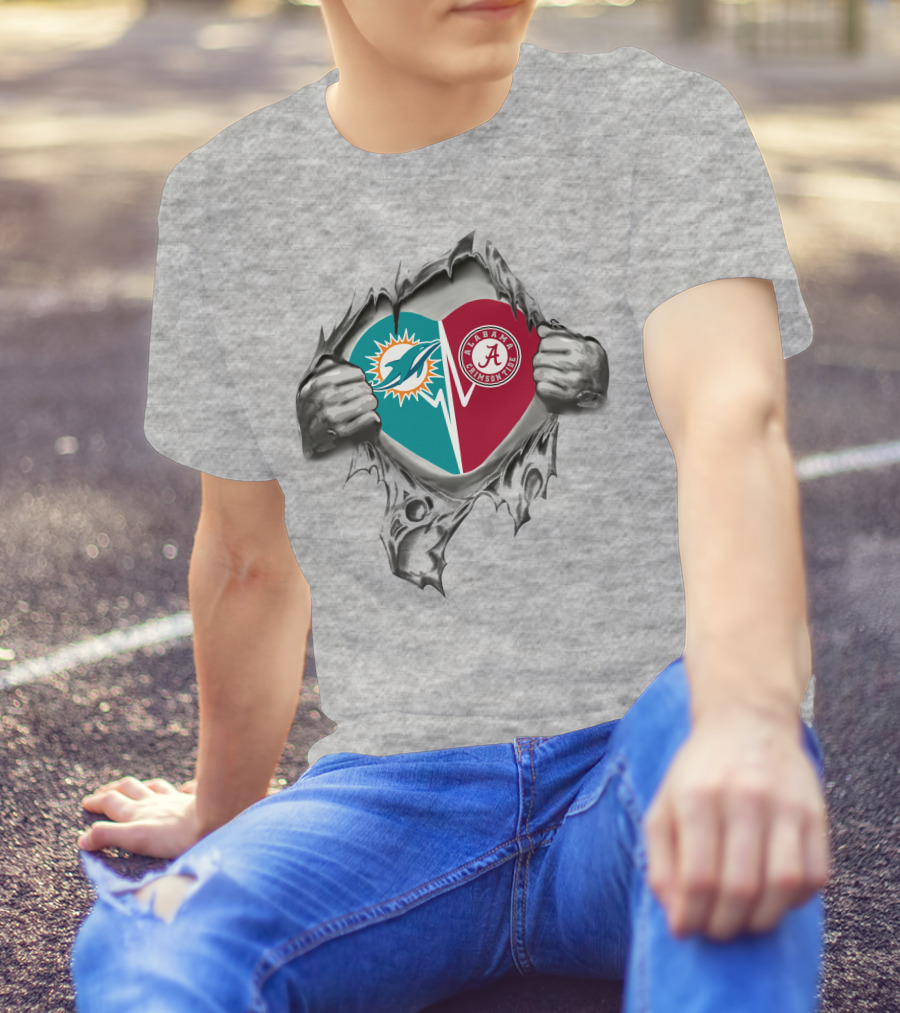 Miami Dolphins Alabama Crimson Tide Heart Torn Metal T-Shirt