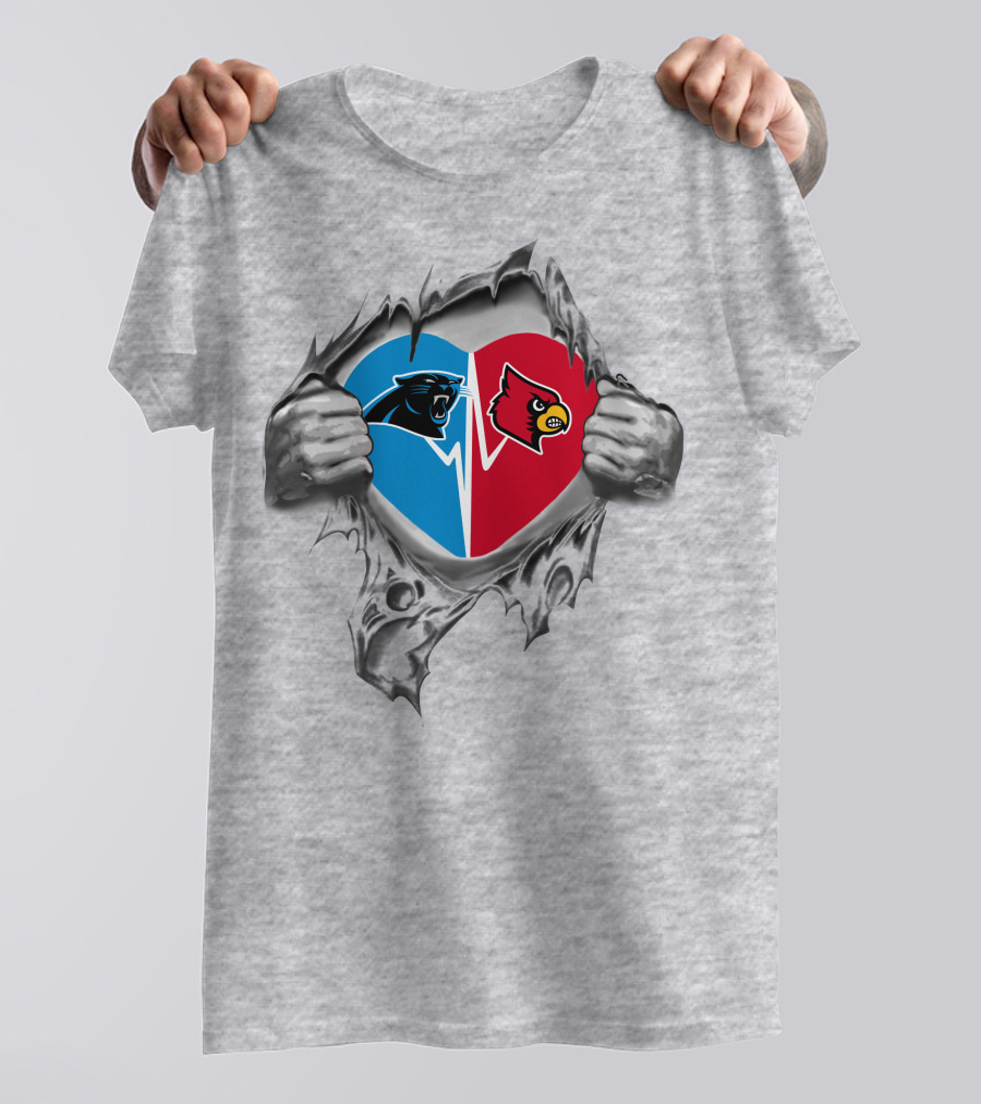 Panthers Louisville Cardinals Heart Symbol Split Blue Red T-Shirt