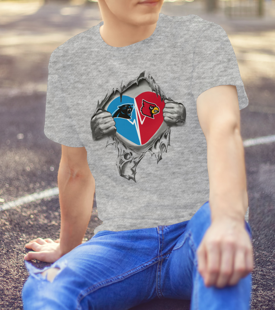 Panthers Louisville Cardinals Heart Symbol Split Blue Red T-Shirt