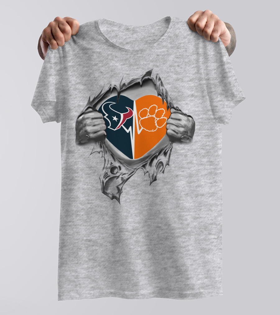 Texans Clemson Heart With Logo And Paw Inside Torn Fabric T-Shirt