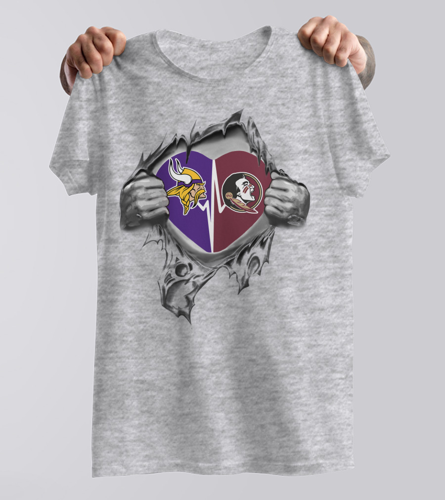 Vikings Fsu Heart Symbol With Logos And Torn Hands T-Shirt