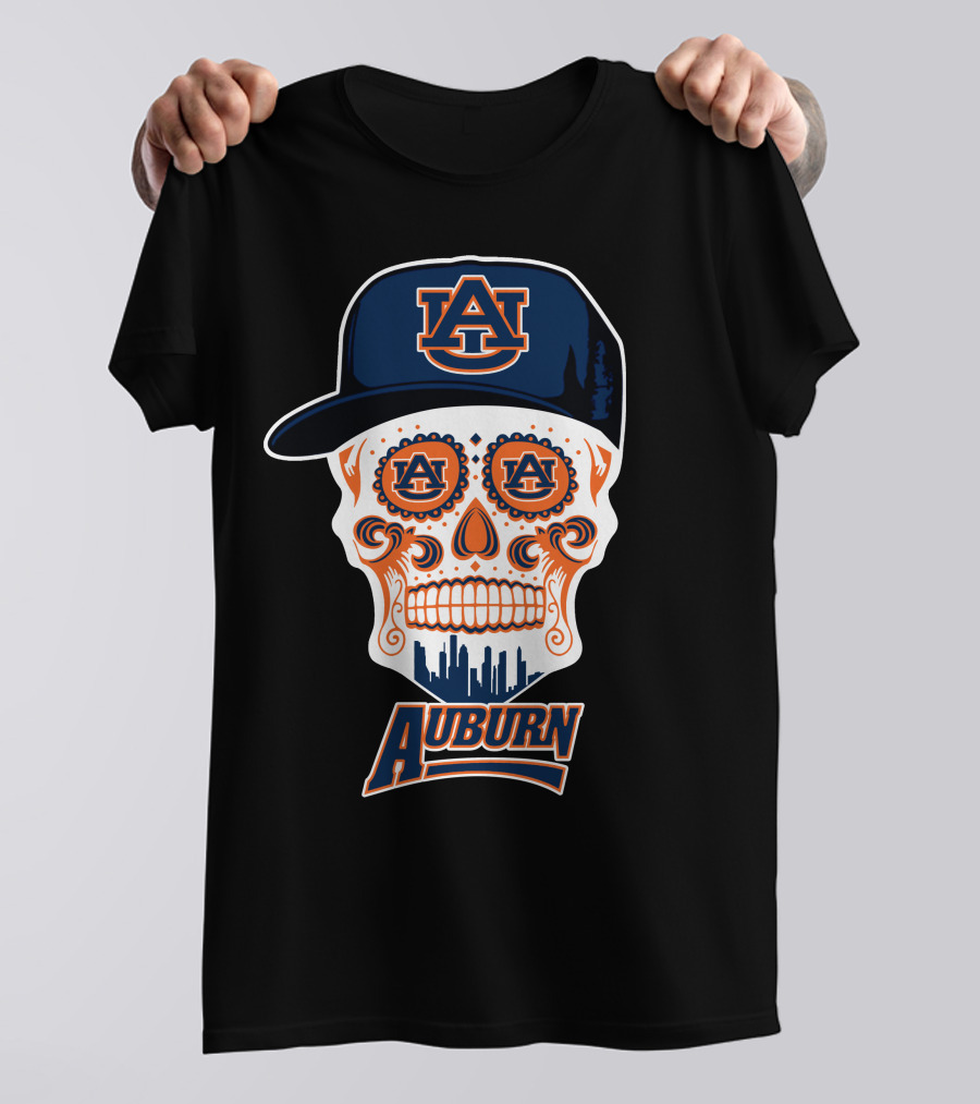 Auburn Tigers Skull Sugar Skull Design With Cap T-Shirt