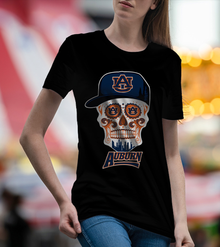 Auburn Tigers Skull Sugar Skull Design With Cap T-Shirt