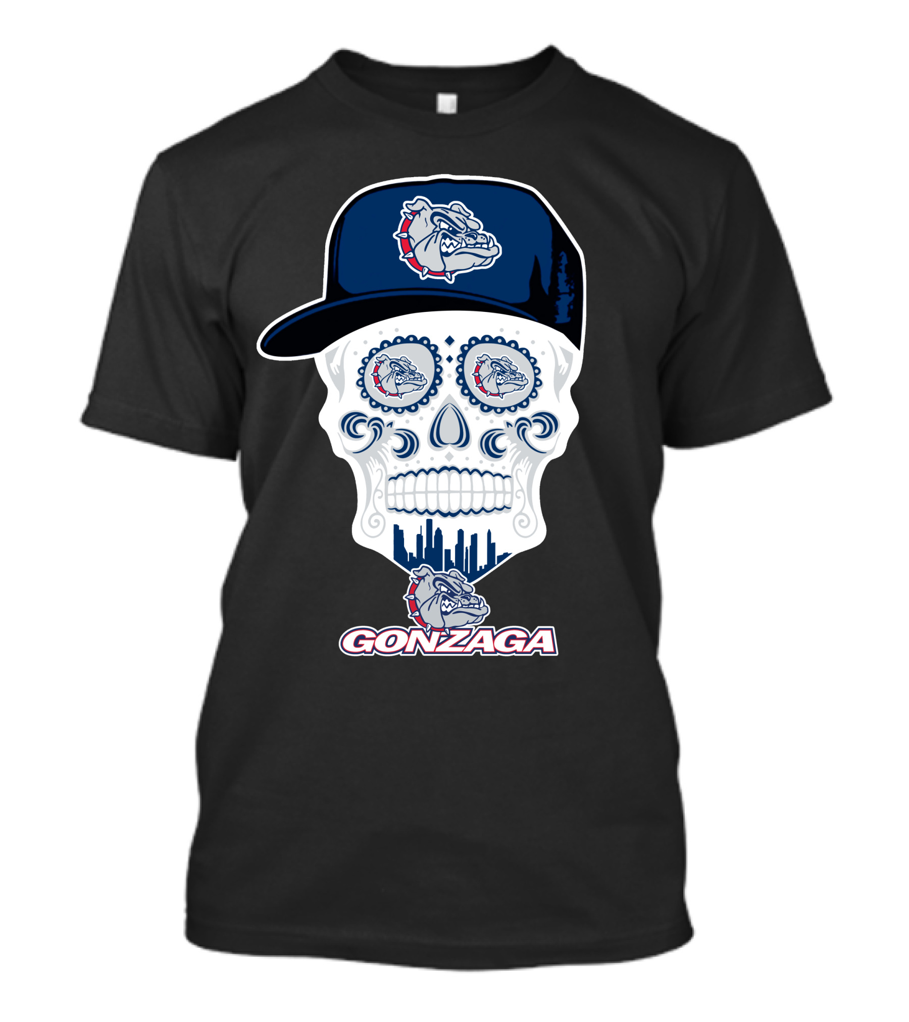 Gonzaga Bulldogs Skull With Hat And City Skyline T-Shirt