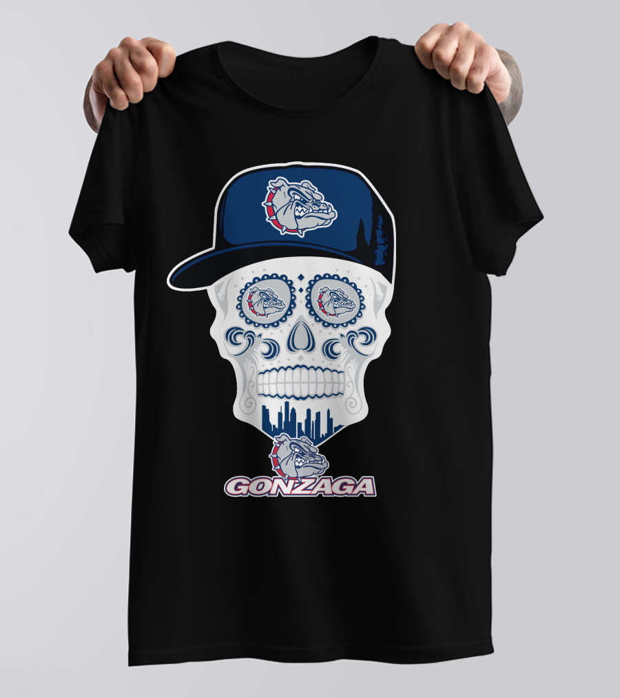 Gonzaga Bulldogs Skull With Hat And City Skyline T-Shirt