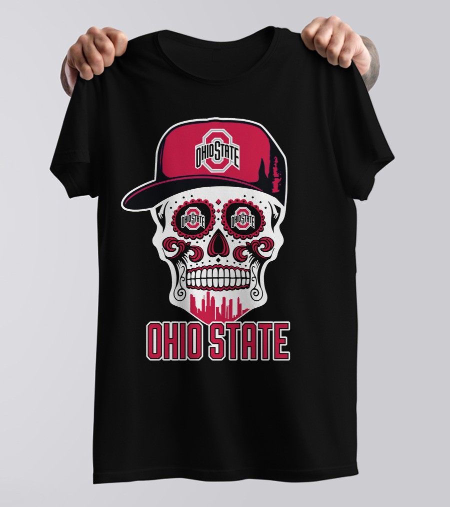 Ohio State Buckeyes Skull With Baseball Cap And Cityscape Elements T-Shirt