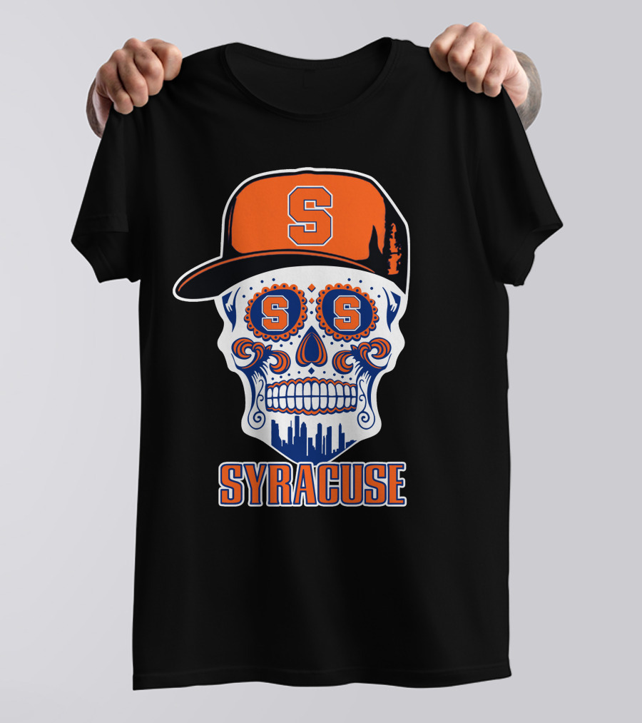Syracuse Orange Skull With Baseball Cap And Cityscape Elements T-Shirt