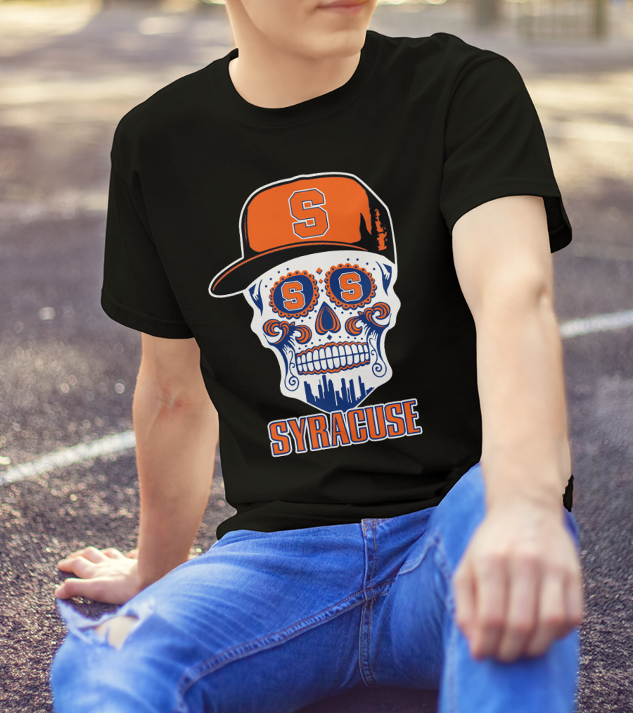 Syracuse Orange Skull With Baseball Cap And Cityscape Elements T-Shirt