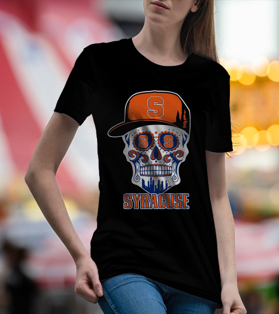 Syracuse Orange Skull With Baseball Cap And Cityscape Elements T-Shirt