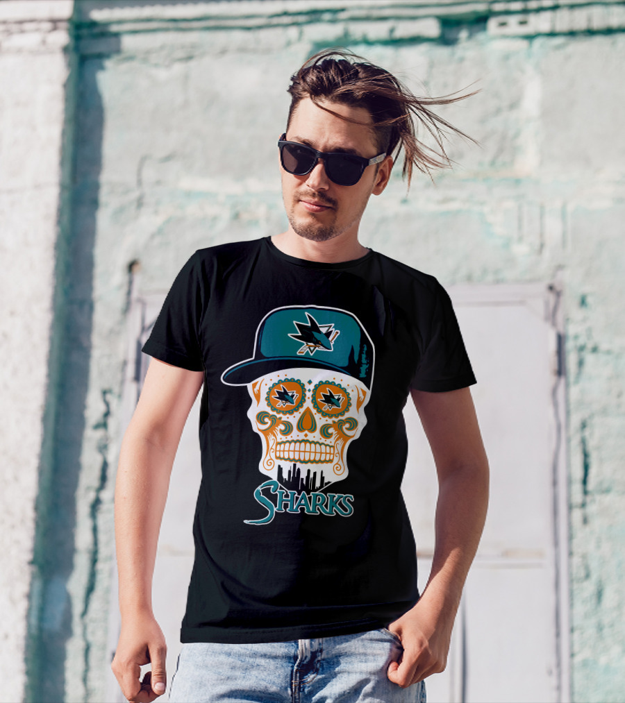 San Jose Sharks Skull With Logo And Cityscape Elements T-Shirt