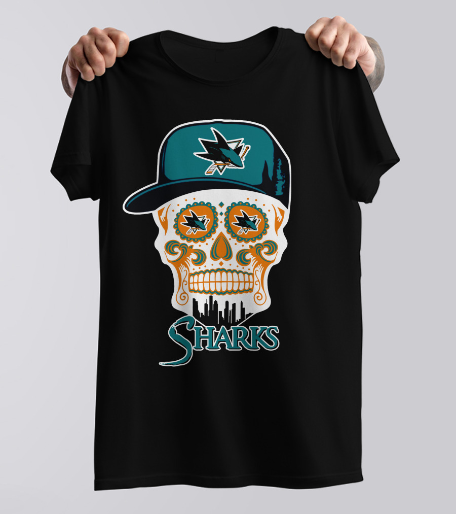San Jose Sharks Skull With Logo And Cityscape Elements T-Shirt