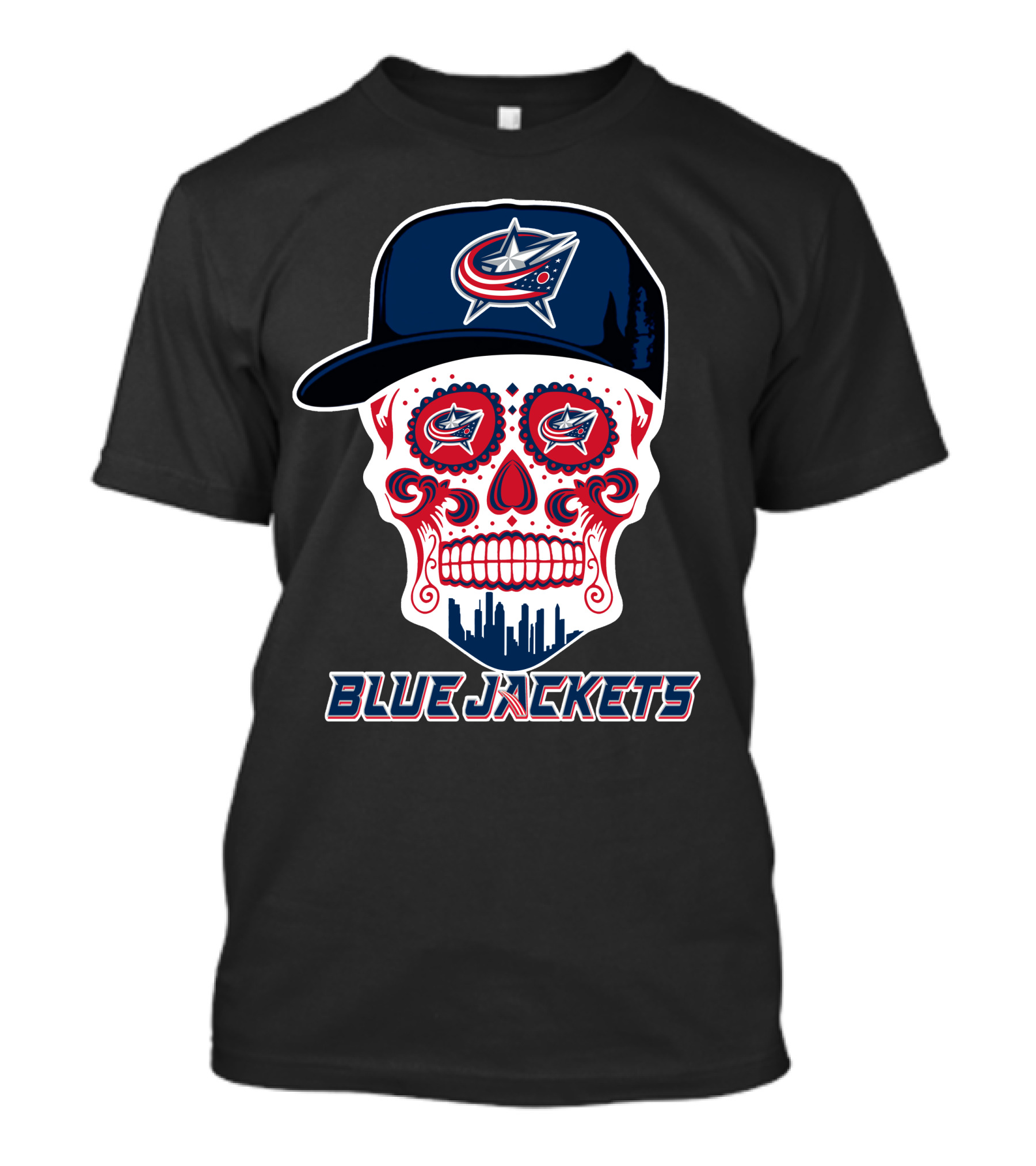 Columbus Blue Jackets Skull With Cap And Cityscape T-Shirt
