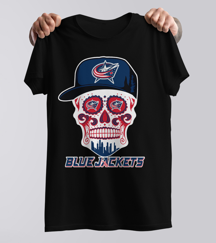 Columbus Blue Jackets Skull With Cap And Cityscape T-Shirt