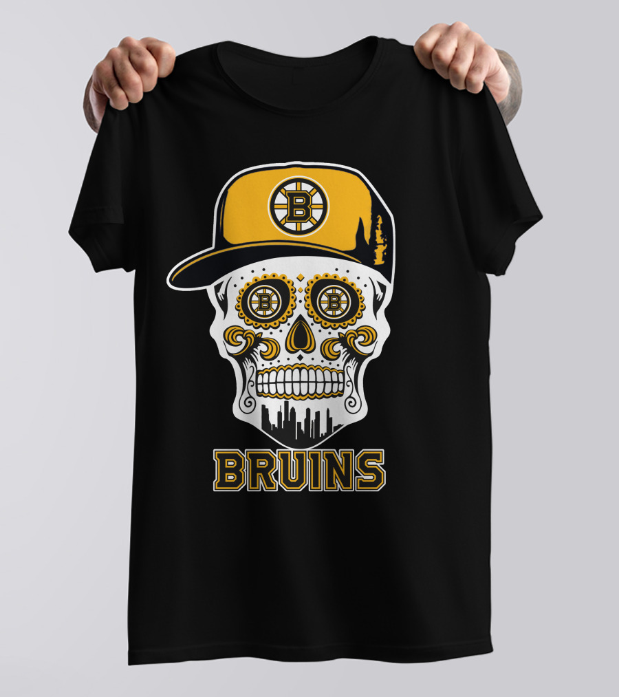 Boston Bruins Skull With Cap And City Silhouette T-Shirt