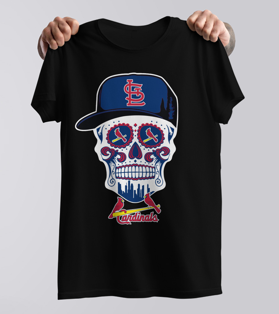 St Louis Cardinals Skull With Baseball Cap And City Skyline T-Shirt