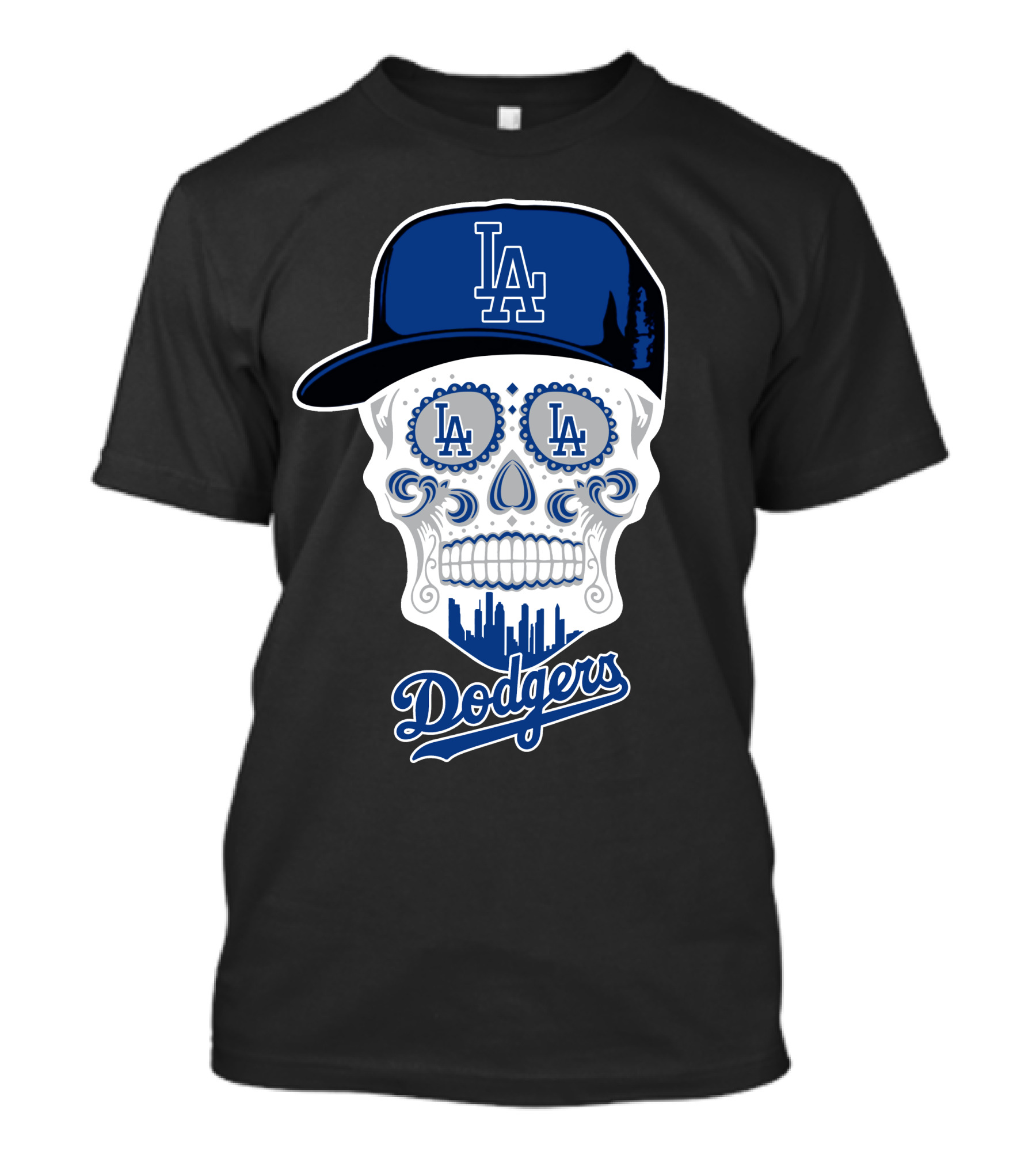 La Dodgers Skull With Cap And Cityscape T-Shirt