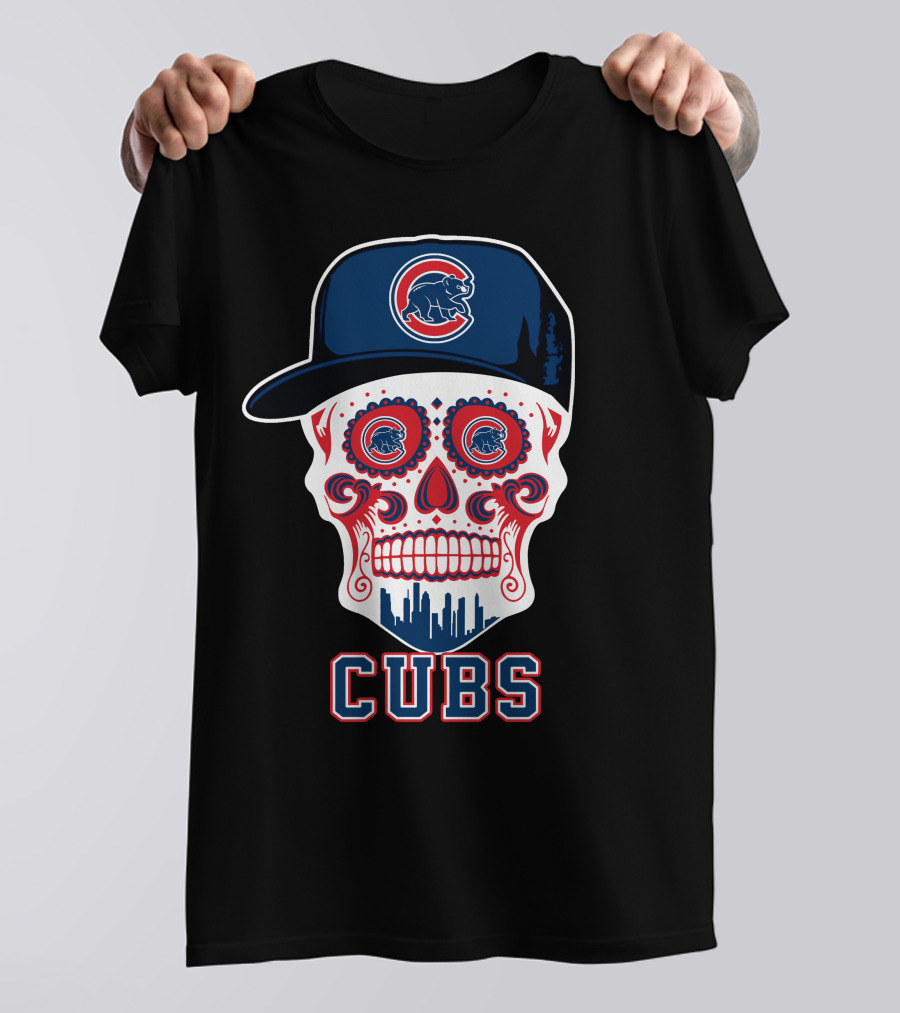 Chicago Cubs Skull Hat Red Blue Skyline T-Shirt