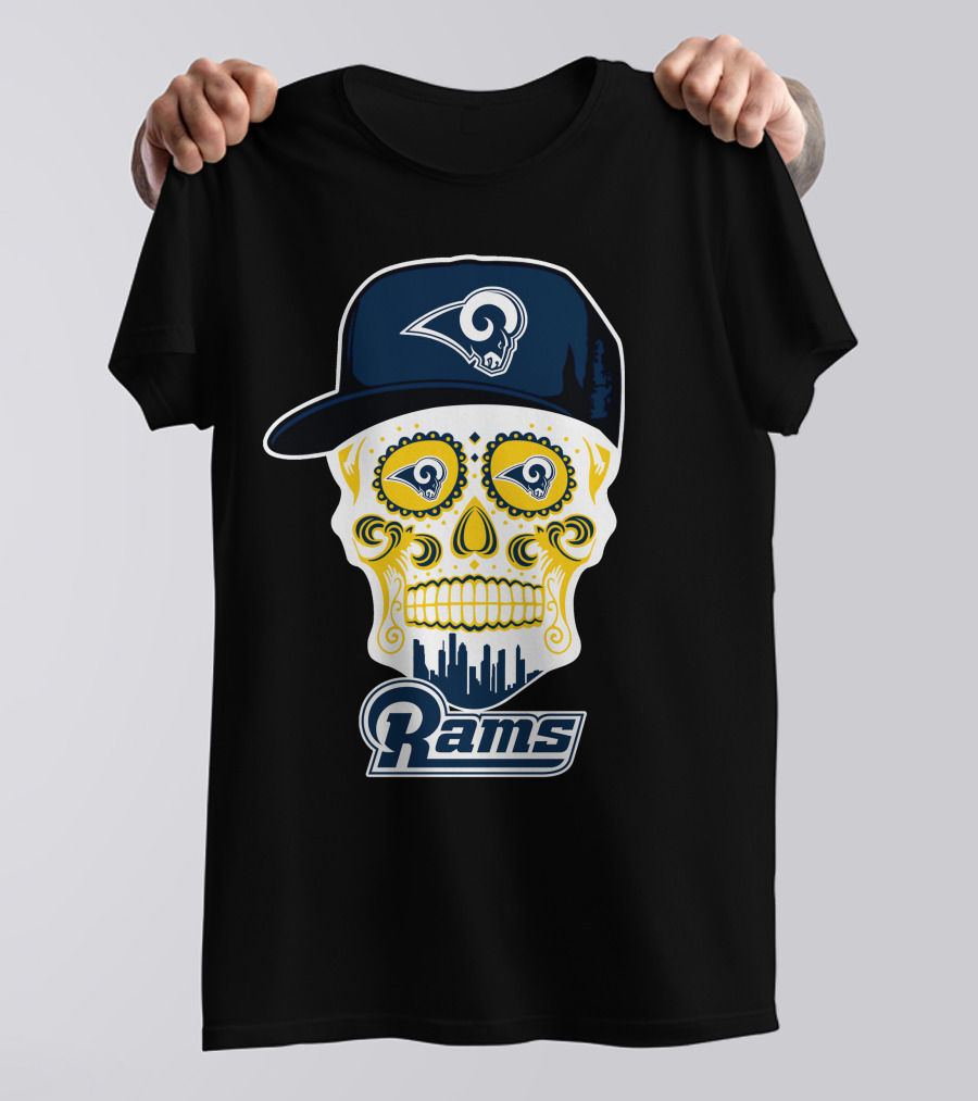 Los Angeles Rams Skull Rams Cap City Skyline T-Shirt