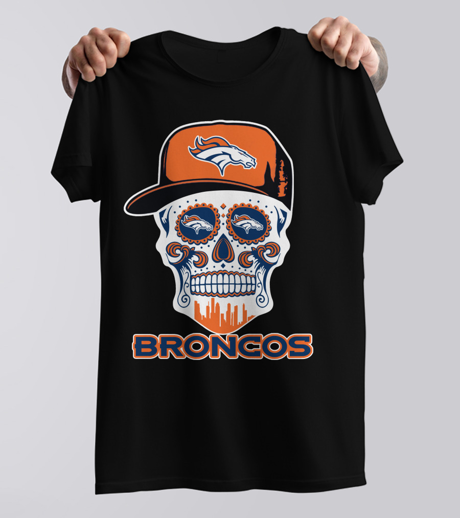 Denver Broncos Skull With Cap And Logos T-Shirt