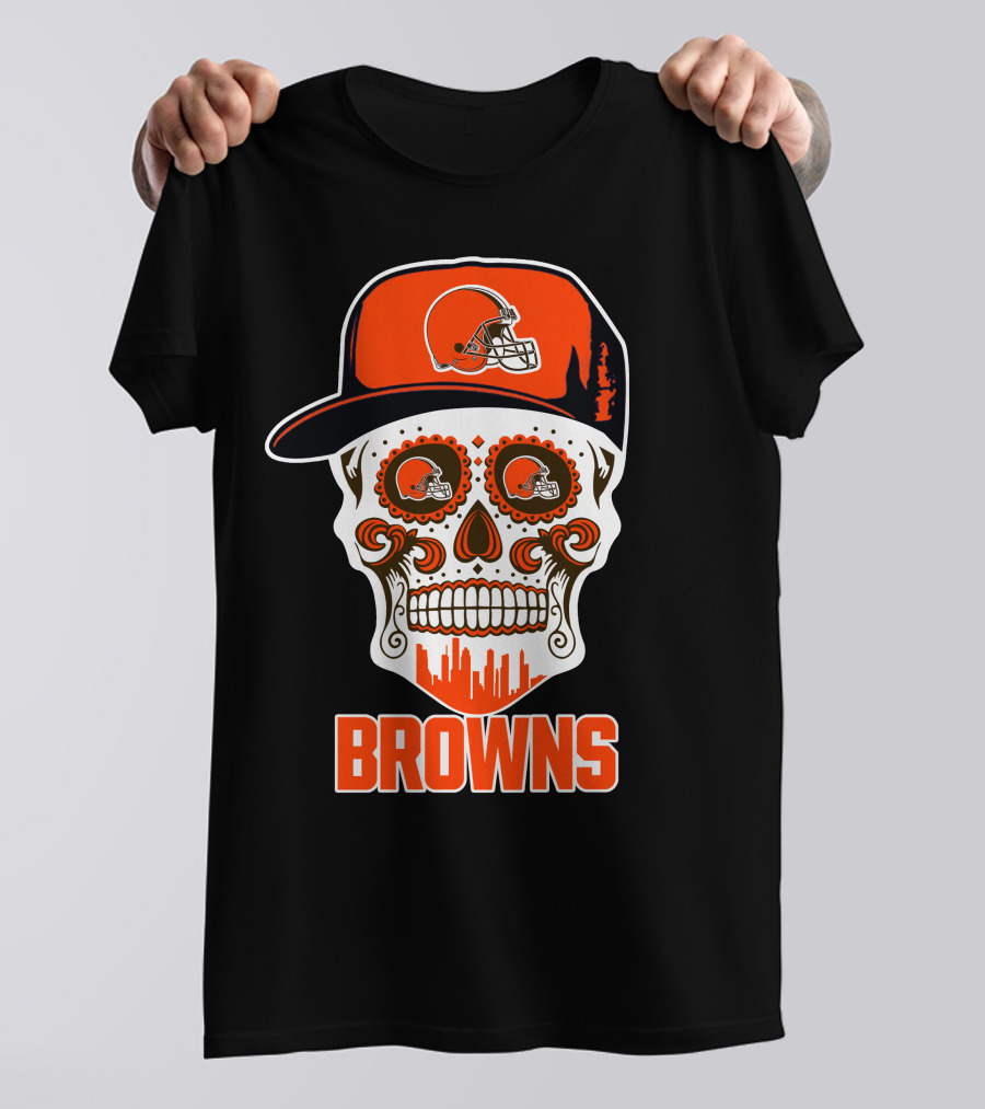 Browns Skull With Helmet And City Skyline T-Shirt