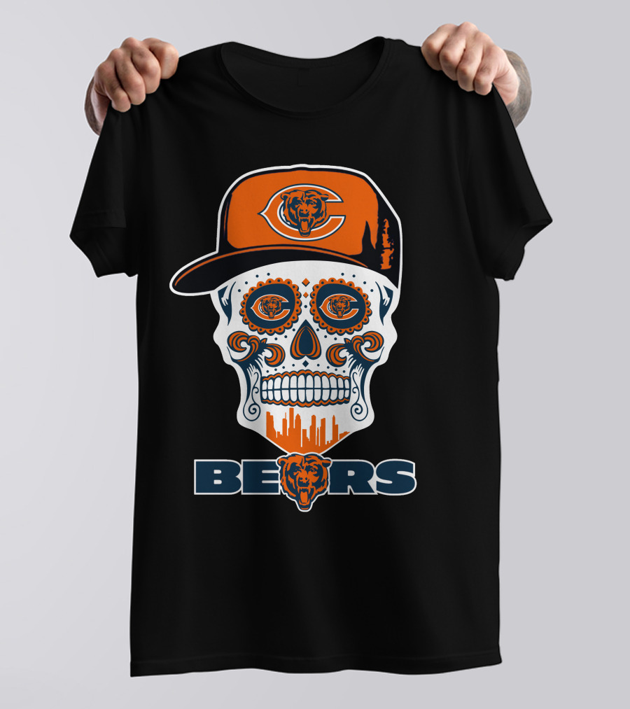 Chicago Bears Skull Hat Urban Skyline T-Shirt
