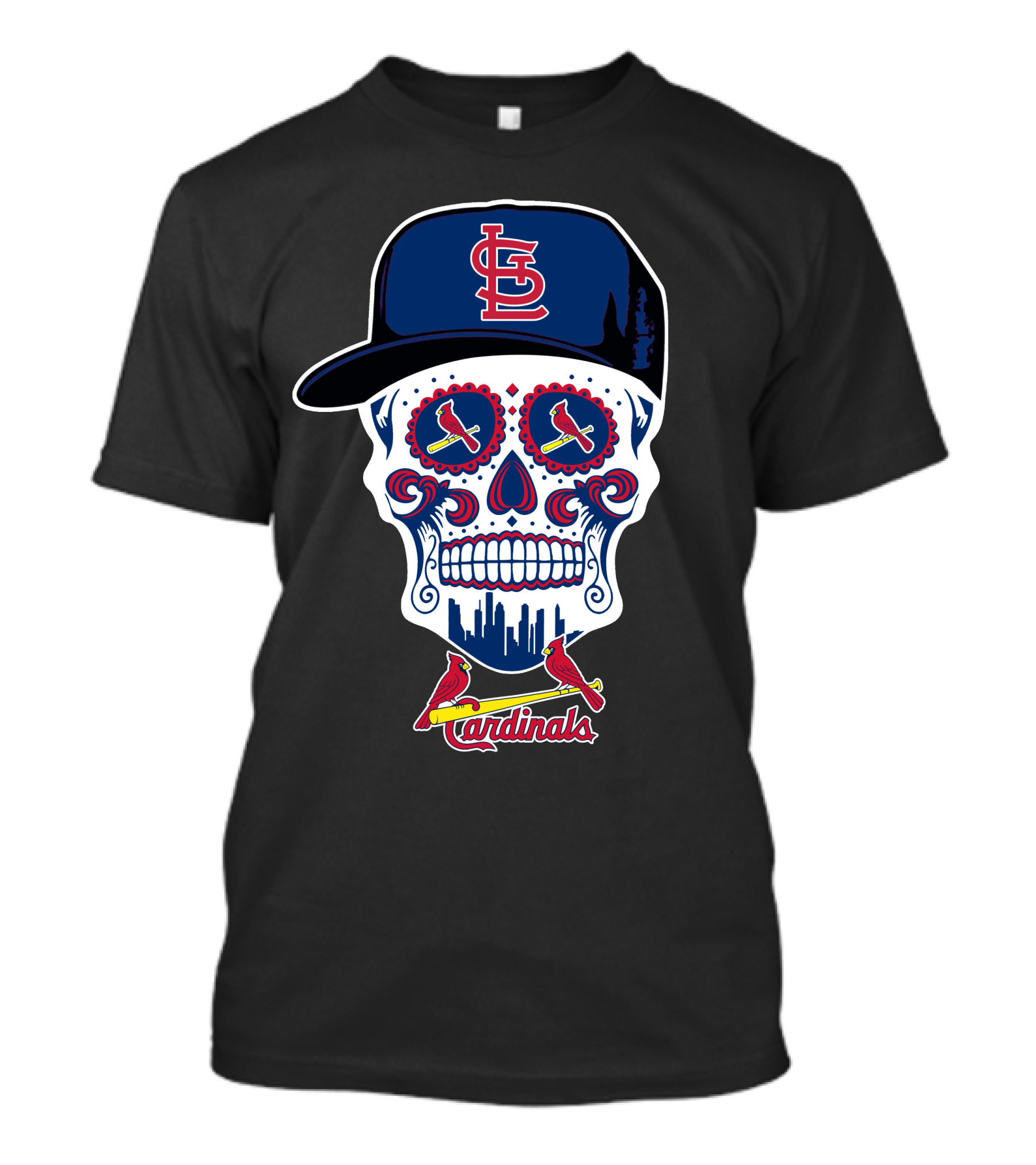 St Louis Cardinals Sugar Skull With Cap And Logos T-Shirt