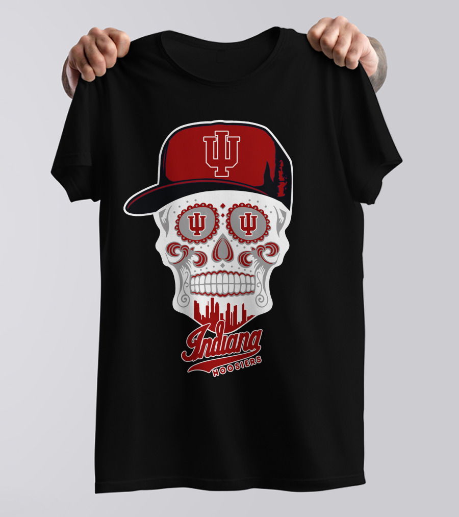 Indiana Hoosiers Skull With Hat And Skyline T-Shirt