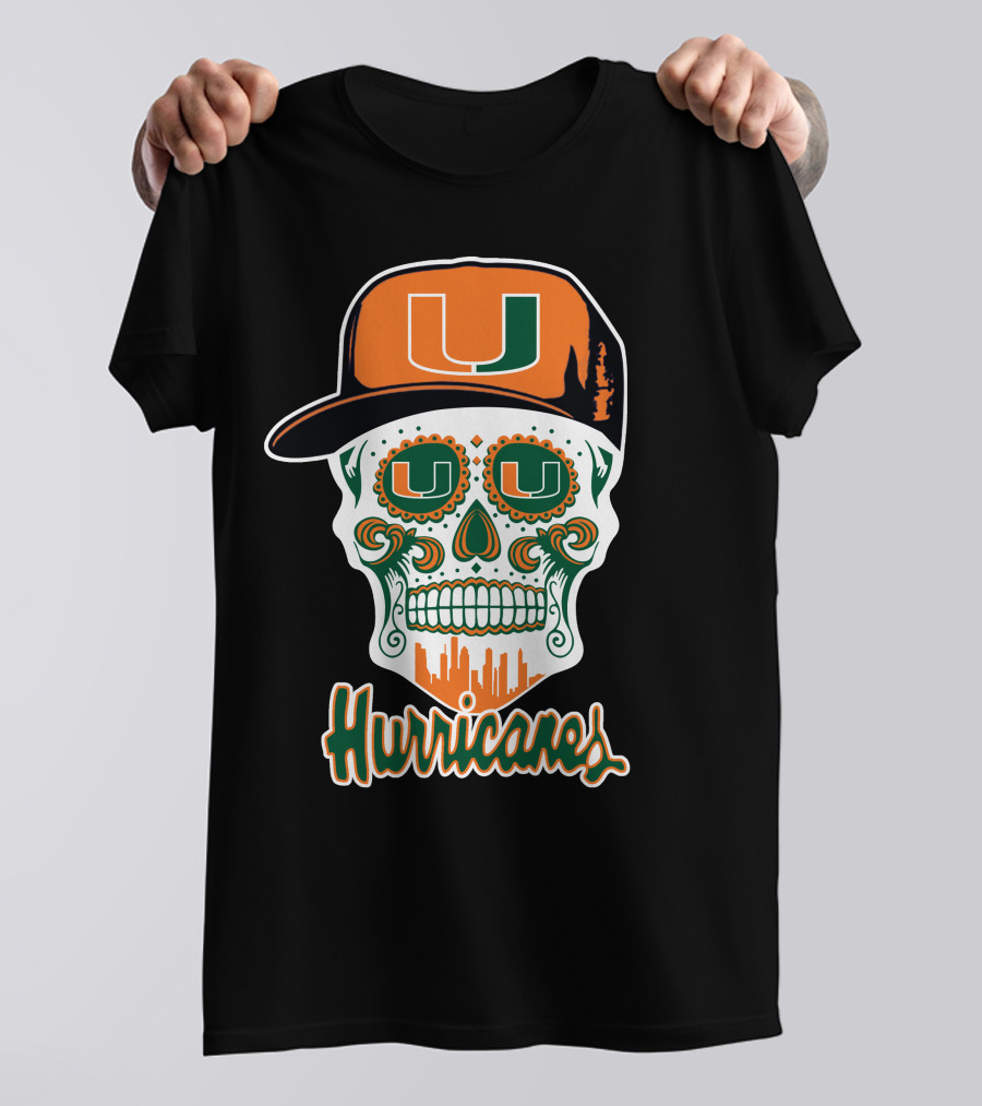 Miami Hurricanes Skull Orange And Green U Cap T-Shirt