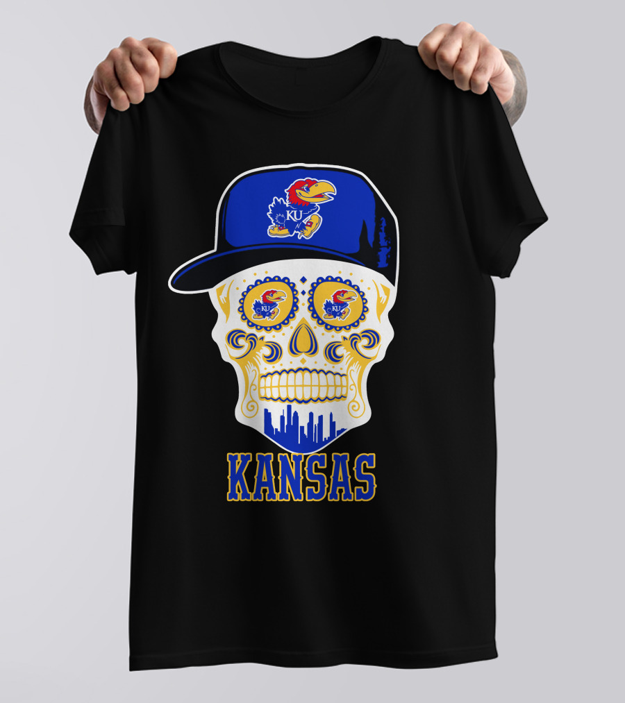 Kansas Jayhawks Skull Hat Ku T-Shirt
