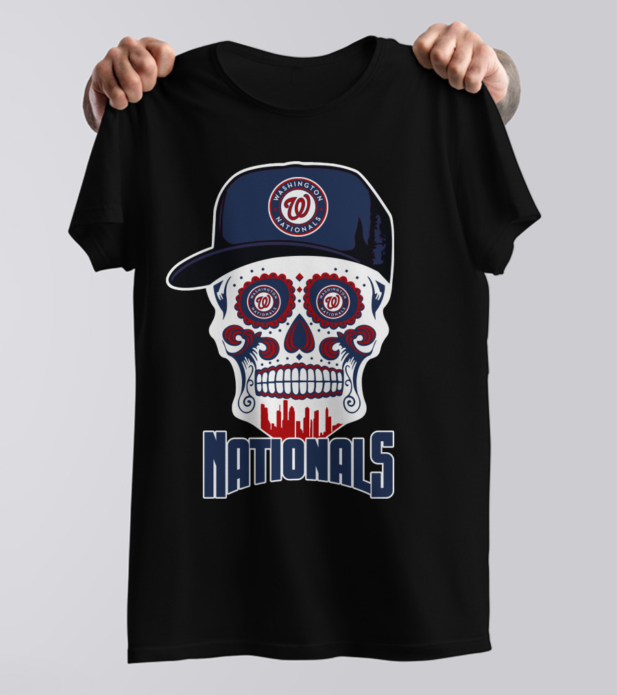 Washington Nationals Skull With Baseball Cap And City Silhouette T-Shirt
